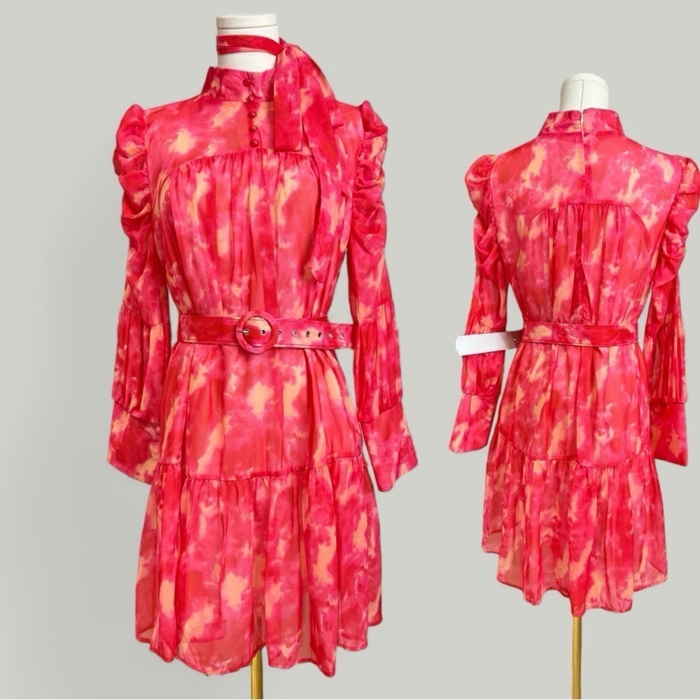 Dress Women Size Large Pink Tie Dye Mini Ruffle Long Sleeves Tiered Skirt Sheer - Picture 2 of 15